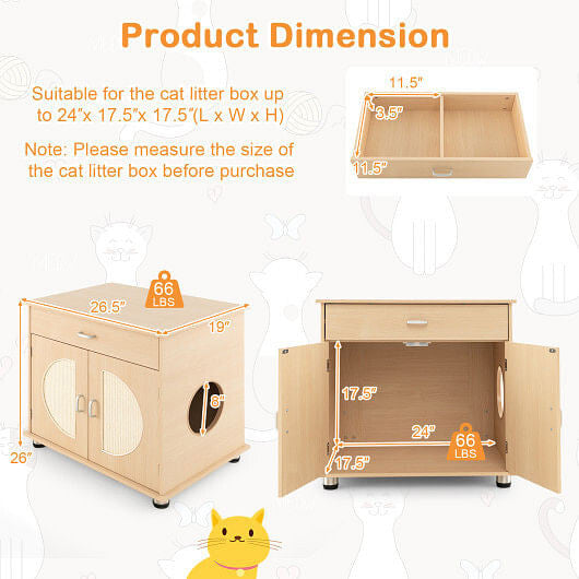Cat Litter Box Enclosure with Sisal Scratching Doors and Storage-Natural