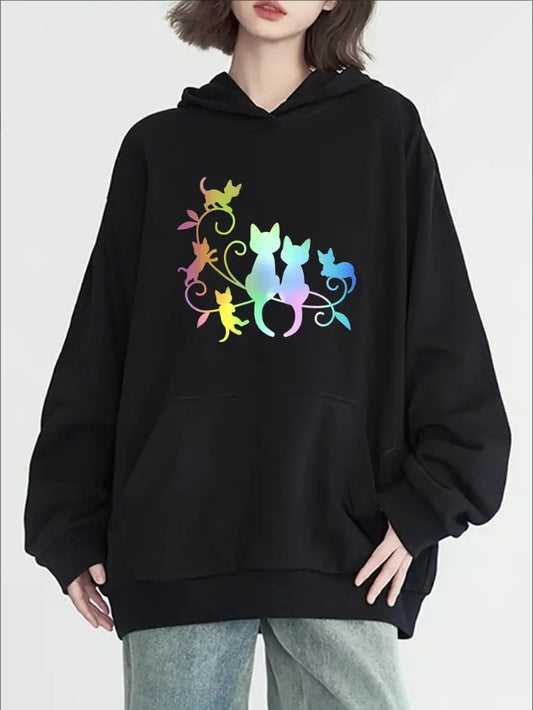Women'S Fashion Cat And Tree Print Hoodie, Long Sleeve, Round Neck, With Pocket, Casual Pullover, All-Season Sweatshirt