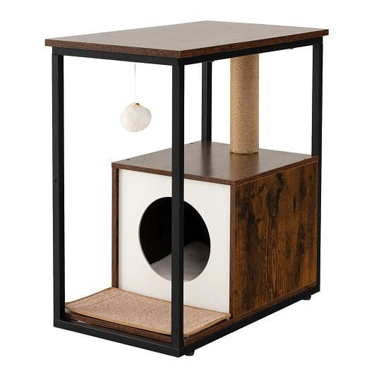 Cat Furniture End Table Cat House with Scratching Post-Natural